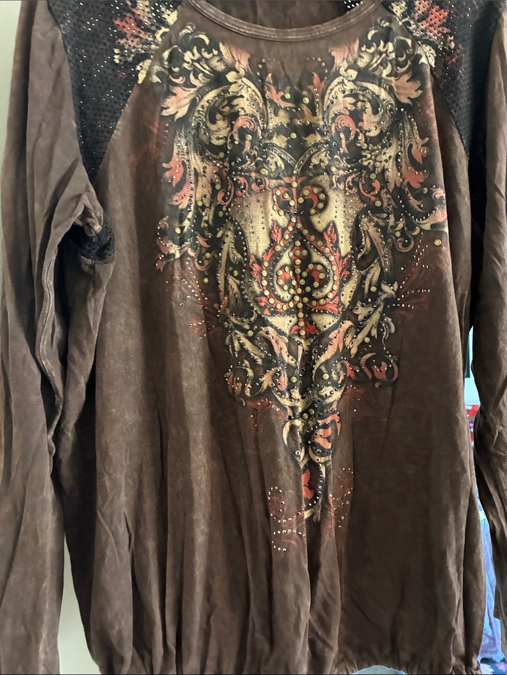Vocal Brown Long-Sleeve Embellished Women's Tee - Picture 3 of 7